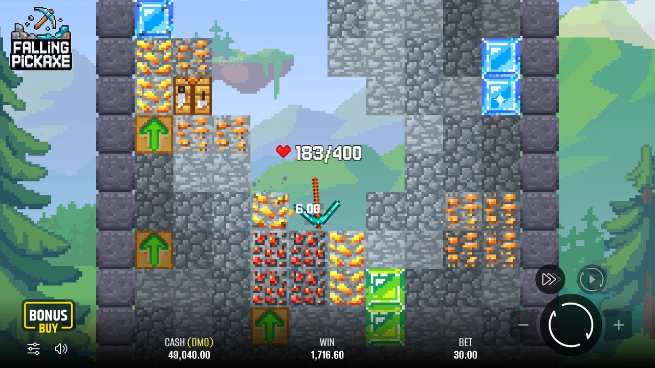 Falling Pickaxe desktop gameplay: a diamond pickaxe dropping through gold, redstone and diamond blocks with the HP bar at 183/400