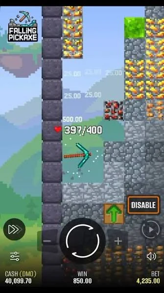 Falling Pickaxe on a mobile phone in portrait mode showing the vertical mine, HP counter and bet controls